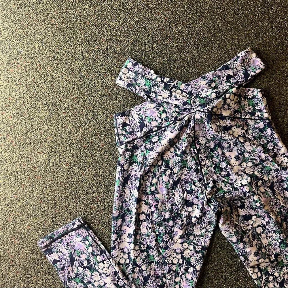 AERIE Criss Cross V Band Blue & Green Floral Stretch Spandex Leggings Pants Sz M - Picture 8 of 13